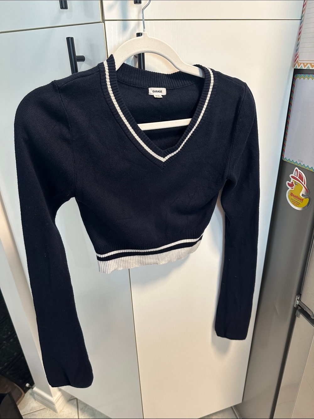 Garage Black Cropped V-Neck Sweater with White Stripe